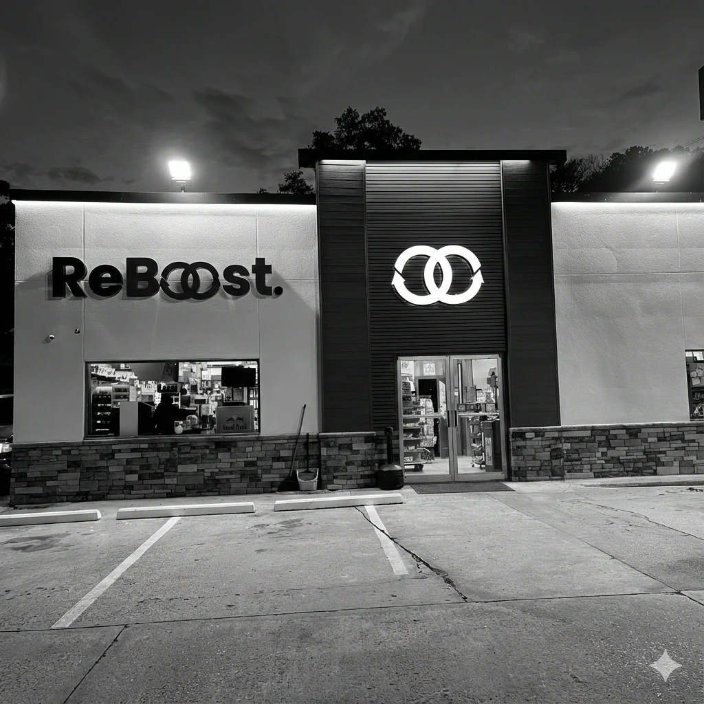 ReBoost convenience store exterior at sunset