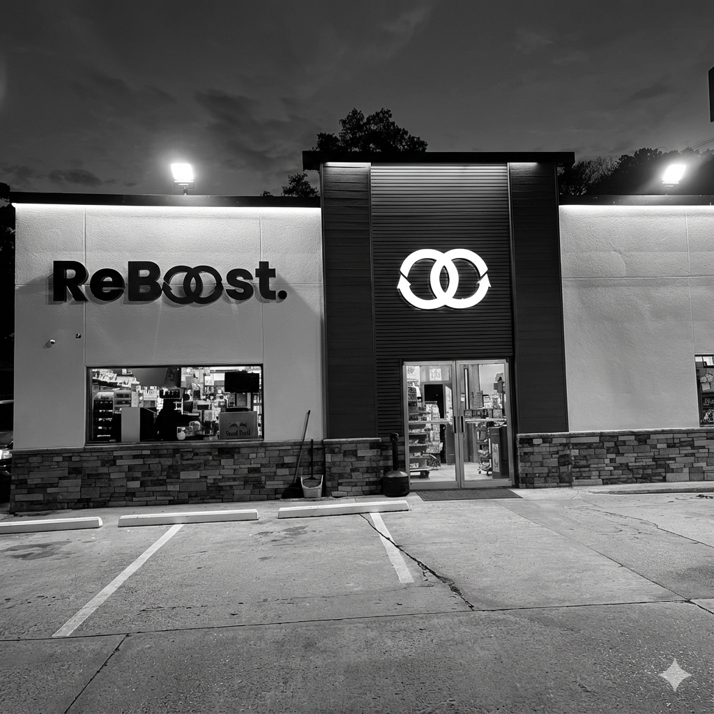 ReBoost convenience store exterior at sunset